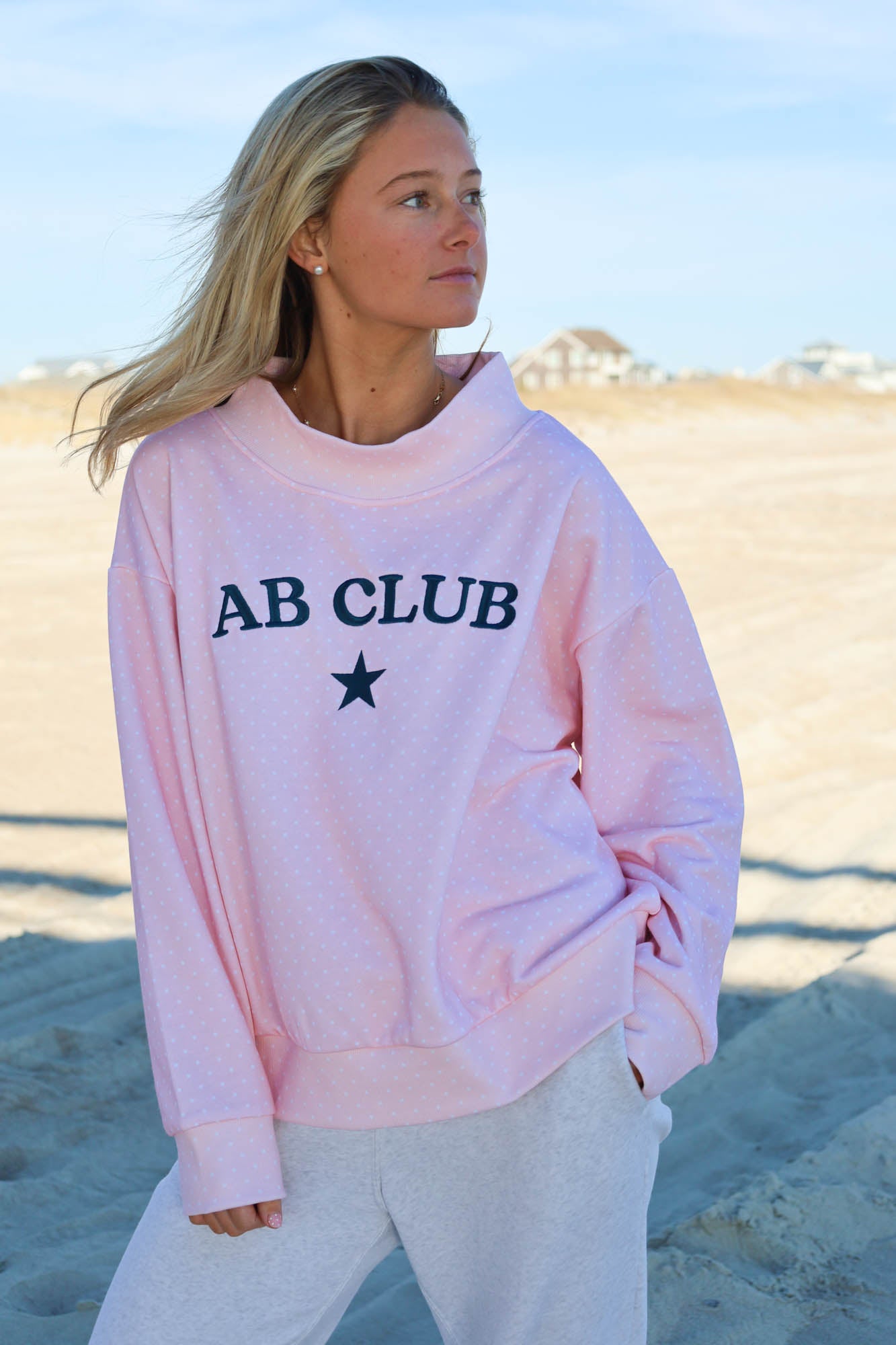 Embroidery harbor pink mock neck